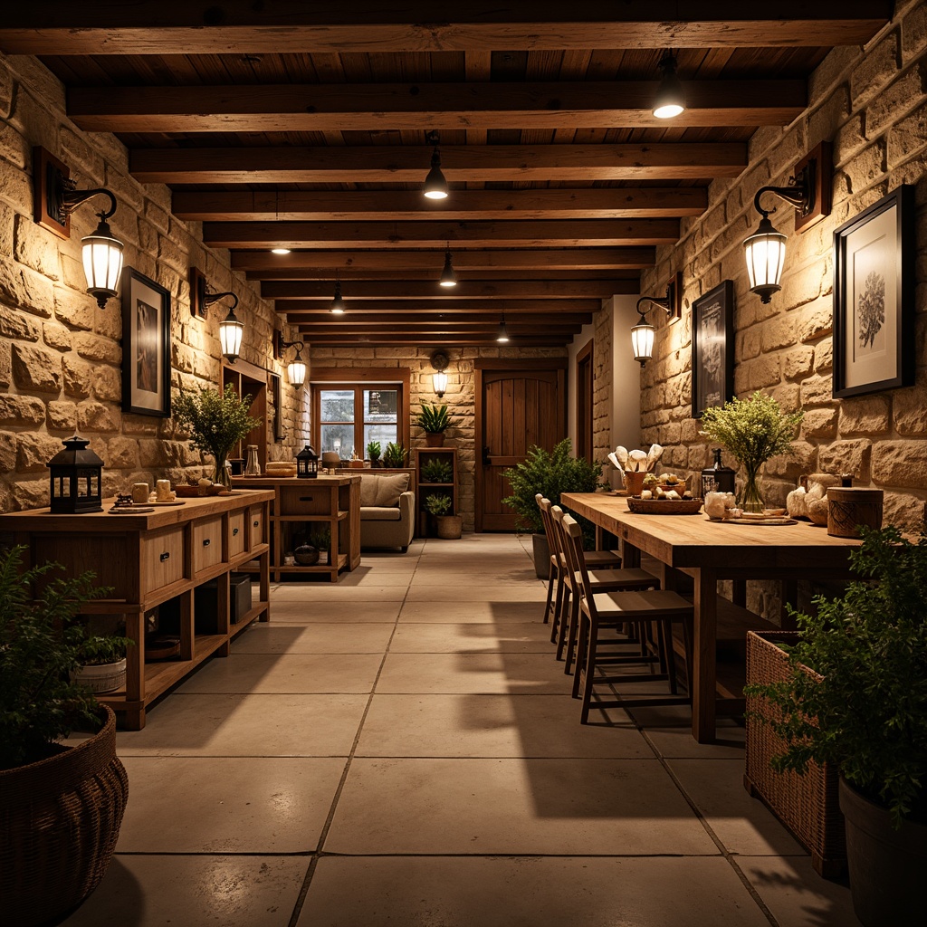 Prompt: Rustic basement, wooden beams, stone walls, cozy ambiance, warm lighting, metal lanterns, vintage pendant lights, distressed wood accents, earthy color palette, natural textiles, woven baskets, industrial-chic decor, exposed brick, dimmable spotlights, candle-like fixtures, soft warm glow, ambient shadows, 1/1 composition, shallow depth of field, realistic textures, atmospheric lighting.