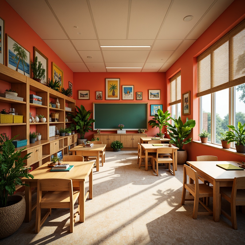 Prompt: Vibrant tropical classroom, bright coral walls, warm beige floors, lush greenery accents, natural wood furniture, colorful woven textiles, playful pineapple patterns, sunny yellow highlights, soft blue undertones, ocean-inspired decor, exotic flower arrangements, rattan storage baskets, woven bamboo blinds, warm task lighting, shallow depth of field, 1/2 composition, realistic textures, ambient occlusion.