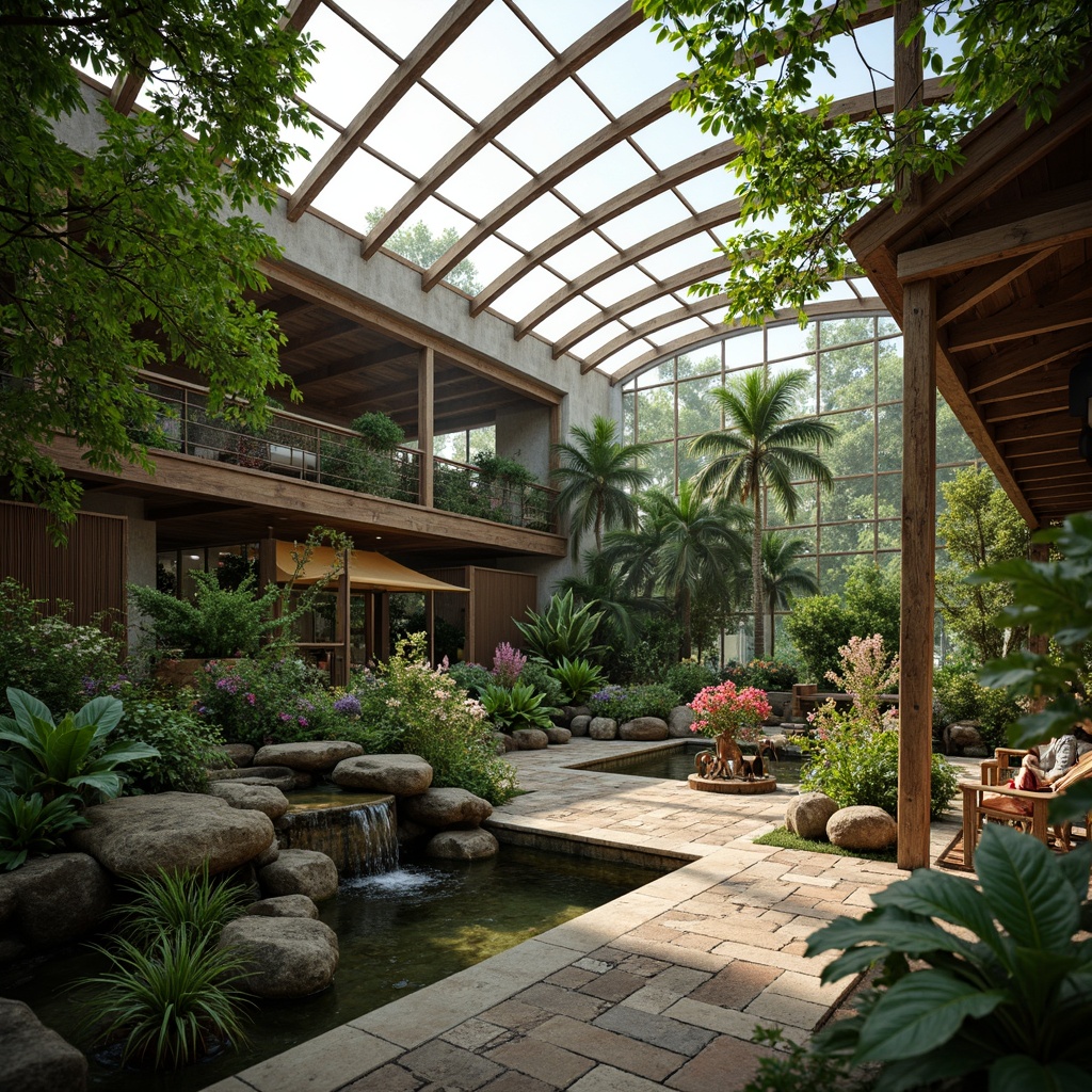 Prompt: Serene greenhouse interior, lush tropical plants, tranquil water features, small ponds, gentle flowing streams, cascading waterfalls, misting systems, humid microclimate, warm natural light, soft diffused lighting, rustic wooden accents, earthy tones, organic textures, irregular stone pathways, meandering walkways, intimate seating areas, vibrant colorful blooms, exotic foliage, soothing sounds of water, 3/4 composition, shallow depth of field, realistic reflections.