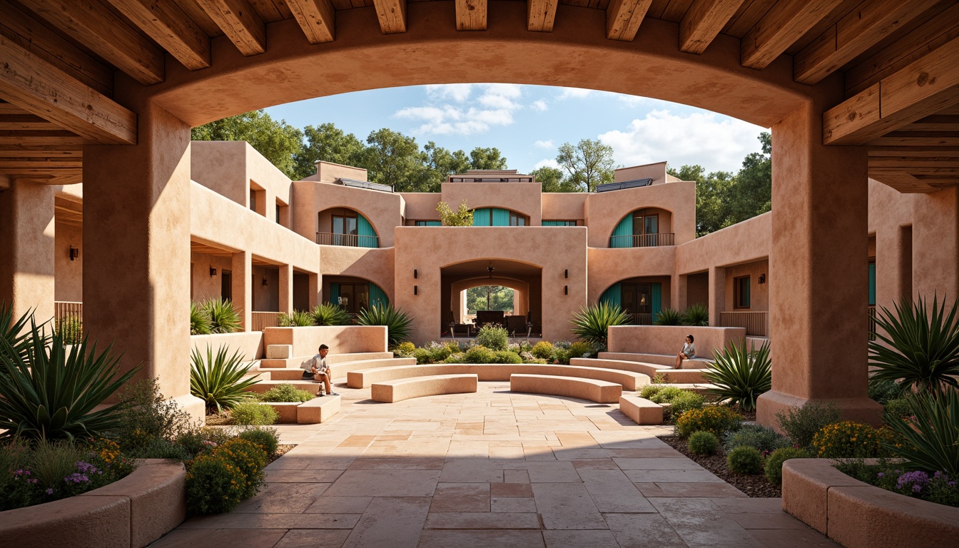 Prompt: Southwestern amphitheater, adobe-style architecture, curved seating areas, natural stone walls, wooden beams, earthy color palette, warm terracotta tones, vibrant turquoise accents, lush greenery, native cacti, succulents, blooming wildflowers, open sky ceiling, clerestory windows, solar tubes, skylights, soft warm lighting, shallow depth of field, 3/4 composition, panoramic view, realistic textures, ambient occlusion.