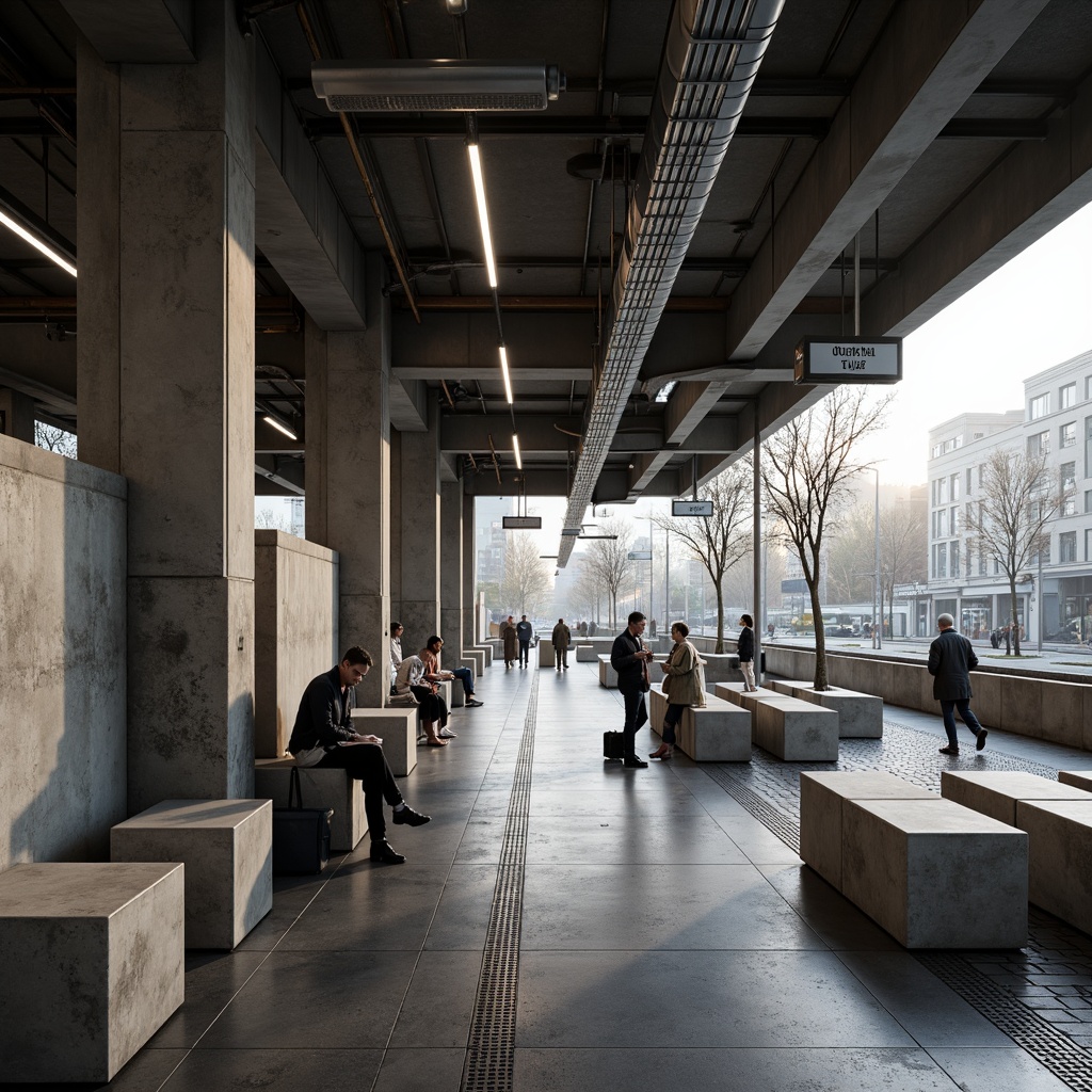 Prompt: Raw concrete benches, industrial metal chairs, brutalist-inspired sculptures, exposed ductwork, rugged stone flooring, cold-toned steel columns, minimalist signage, functional lighting fixtures, urban landscape views, busy commuter atmosphere, early morning rush hour, soft natural light, high-contrast shadows, shallow depth of field, 2/3 composition, cinematic framing, realistic textures, ambient occlusion.