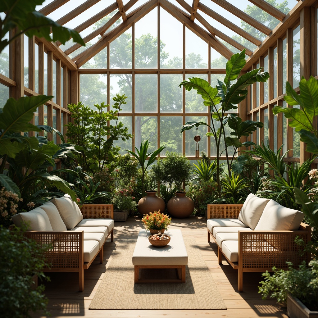 Prompt: Serene greenhouse interior, lush greenery, natural wood accents, woven rattan furniture, plush cushions, vibrant tropical flowers, minimalist decor, subtle Japanese-inspired patterns, earthy tone ceramics, organic-shaped planters, delicate wind chimes, warm soft lighting, shallow depth of field, 3/4 composition, panoramic view, realistic textures, ambient occlusion.