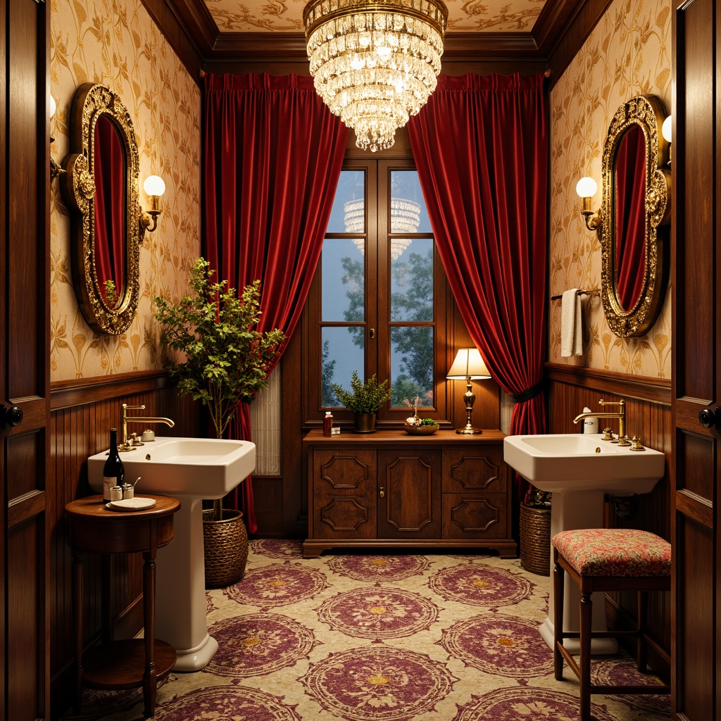 Prompt: Whimsical powder room, eclectic decor, ornate mirrors, lavish chandeliers, plush velvet drapes, rich wood paneling, antique furniture pieces, bold colorful patterns, exotic textiles, Moroccan-inspired tiles, luxurious golden accents, soft warm lighting, shallow depth of field, 1/1 composition, realistic textures, ambient occlusion.