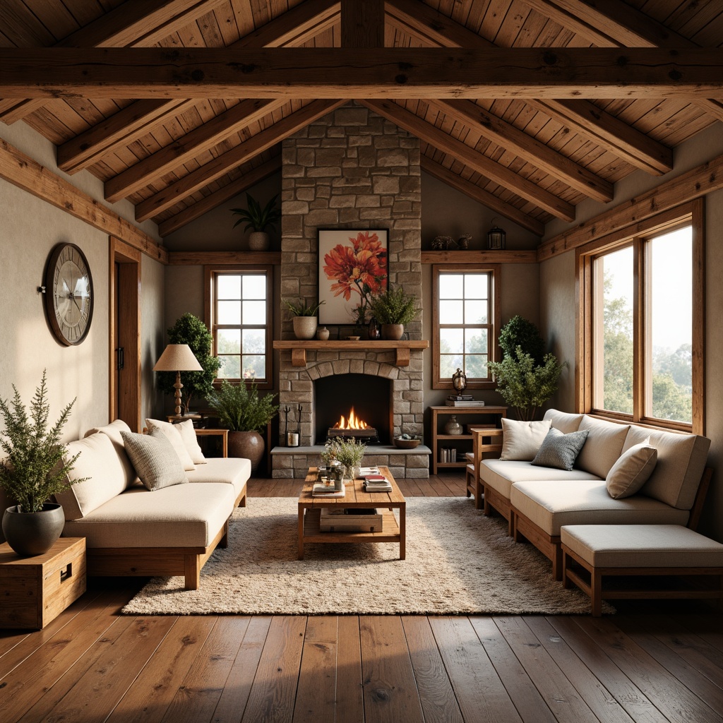 Prompt: Rustic farmhouse, wooden beams, natural materials, earthy tones, vintage decorative items, distressed finishes, cozy atmosphere, warm lighting, traditional craftsmanship, country-inspired accents, natural stone fireplaces, reclaimed wood flooring, plush furniture, woven textiles, floral patterns, soft pastel colors, shallow depth of field, 1/1 composition, warm golden hour lighting.