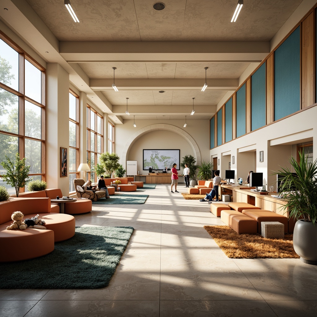 Prompt: Vibrant educational setting, natural daylight, warm LED lighting, soft shadows, minimal glare, comfortable reading areas, flexible seating arrangements, interactive whiteboards, collaborative workspaces, acoustic panels, sound-absorbing materials, calm atmosphere, gentle color scheme, subtle textures, layered light sources, 1/2 composition, realistic rendering, ambient occlusion.