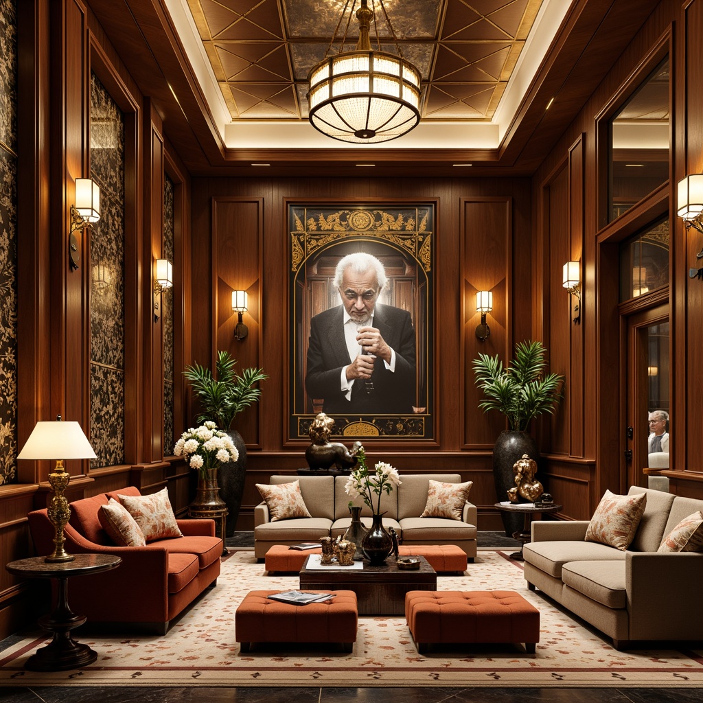 Prompt: Luxurious great room, opulent Art Deco style, rich wood paneling, metallic accents, geometric patterns, ornate mirrors, lavish chandeliers, plush velvet sofas, curved lines, tufted ottomans, marble coffee tables, bronze sculptures, intricate inlays, statement lighting fixtures, bold color schemes, luxurious fabrics, high-gloss finishes, elegant vases, oversized wall art, dramatic drapery, warm ambient lighting, 1/1 composition, realistic textures, ambient occlusion.