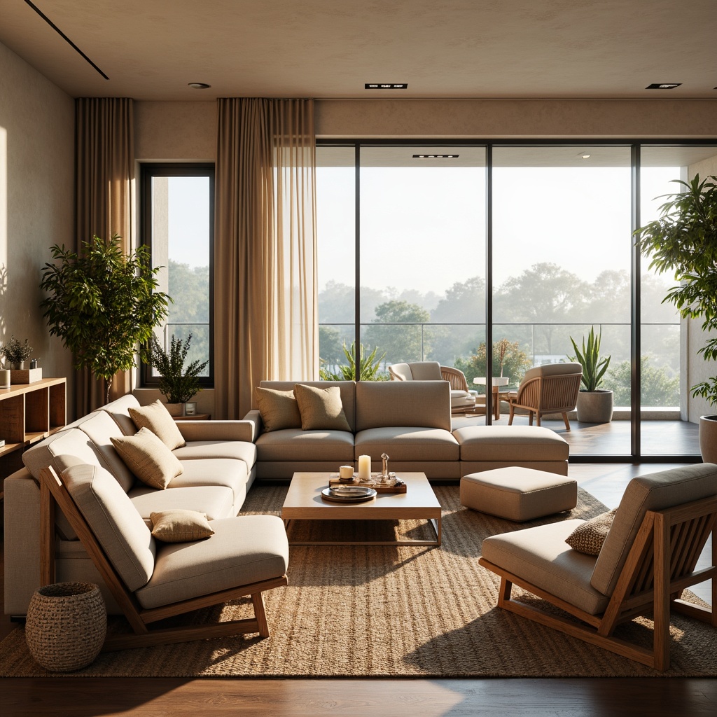 Prompt: Luxurious living room, plush throw pillows, soft velvet sofas, woven jute rugs, natural fiber upholstery, ergonomic chair designs, adjustable headrests, breathable mesh fabrics, calming pastel colors, ambient warm lighting, cozy reading nooks, floor-to-ceiling windows, scenic outdoor views, elegant drapery, subtle texture contrasts, inviting atmosphere.