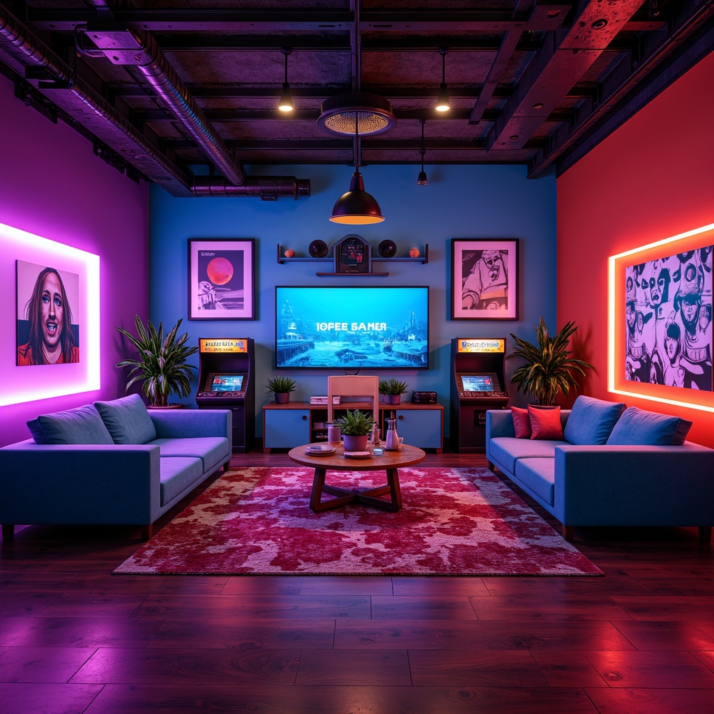 Prompt: Vibrant game room, bold accent walls, neon-lit LED lights, futuristic console stations, sleek wooden floors, cozy velvet couches, geometric patterned rugs, urban loft-style architecture, industrial metal beams, eclectic art pieces, retro arcade machines, virtual reality setup, ambient glow lighting, shallow depth of field, 1/1 composition, cinematic color grading.