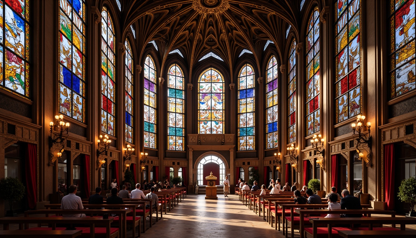 Prompt: Vibrant stained glass windows, intricate geometric patterns, ornate metal frames, majestic cathedral ceilings, ornamental religious symbols, luxurious velvet fabrics, ornate golden accents, symmetrical Art Deco architecture, grand entranceways, sweeping arches, dramatic vaulted ceilings, soft warm lighting, realistic reflections, shallow depth of field, 3/4 composition, panoramic view, ambient occlusion.