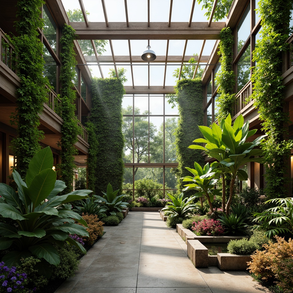 Prompt: Tropical greenhouse interior, lush green walls, exotic plants, natural stone flooring, wooden trellises, misting systems, warm soft lighting, humid climate control, Asian-inspired ornate planters, vibrant colorful blooms, delicate ferns, majestic palms, serene water features, gentle trickling sounds, natural ventilation systems, energy-efficient glass roofs, minimalist decorative accents, subtle aromas, refreshing ambiance.