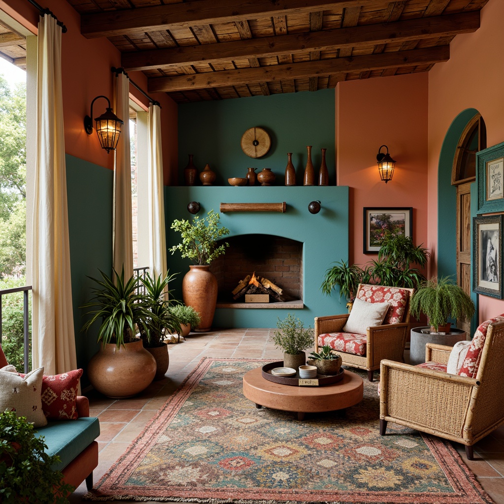 Prompt: Vibrant turquoise accents, earthy terracotta walls, rustic wooden beams, woven wicker furniture, natural jute rugs, plush southwestern patterned upholstery, decorative Talavera pottery, warm copper lighting fixtures, geometric Aztec-inspired textiles, lush greenery, potted cacti, distressed leather armchairs, vintage Native American artifacts, weathered stone fireplaces, soft warm ambiance, shallow depth of field, 1/2 composition, realistic renderings.