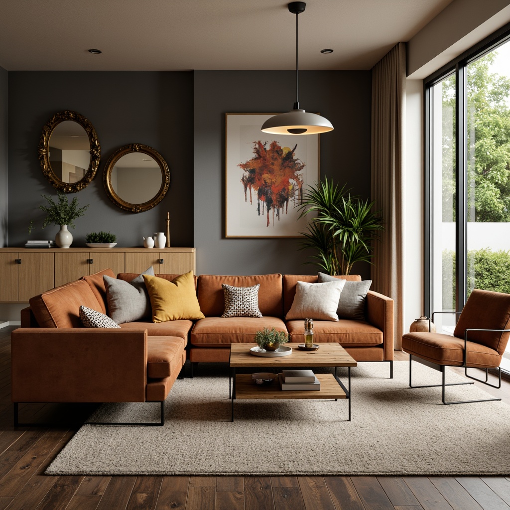 Prompt: Mid-century modern living room, comfortable velvet sofa, reclaimed wood coffee table, minimalist metal legs, plush area rug, soft warm lighting, natural materials, earthy color palette, cozy atmosphere, functional storage units, stylish decor pieces, ornate mirrors, elegant vases, abstract artwork, 1/1 composition, shallow depth of field, realistic textures.