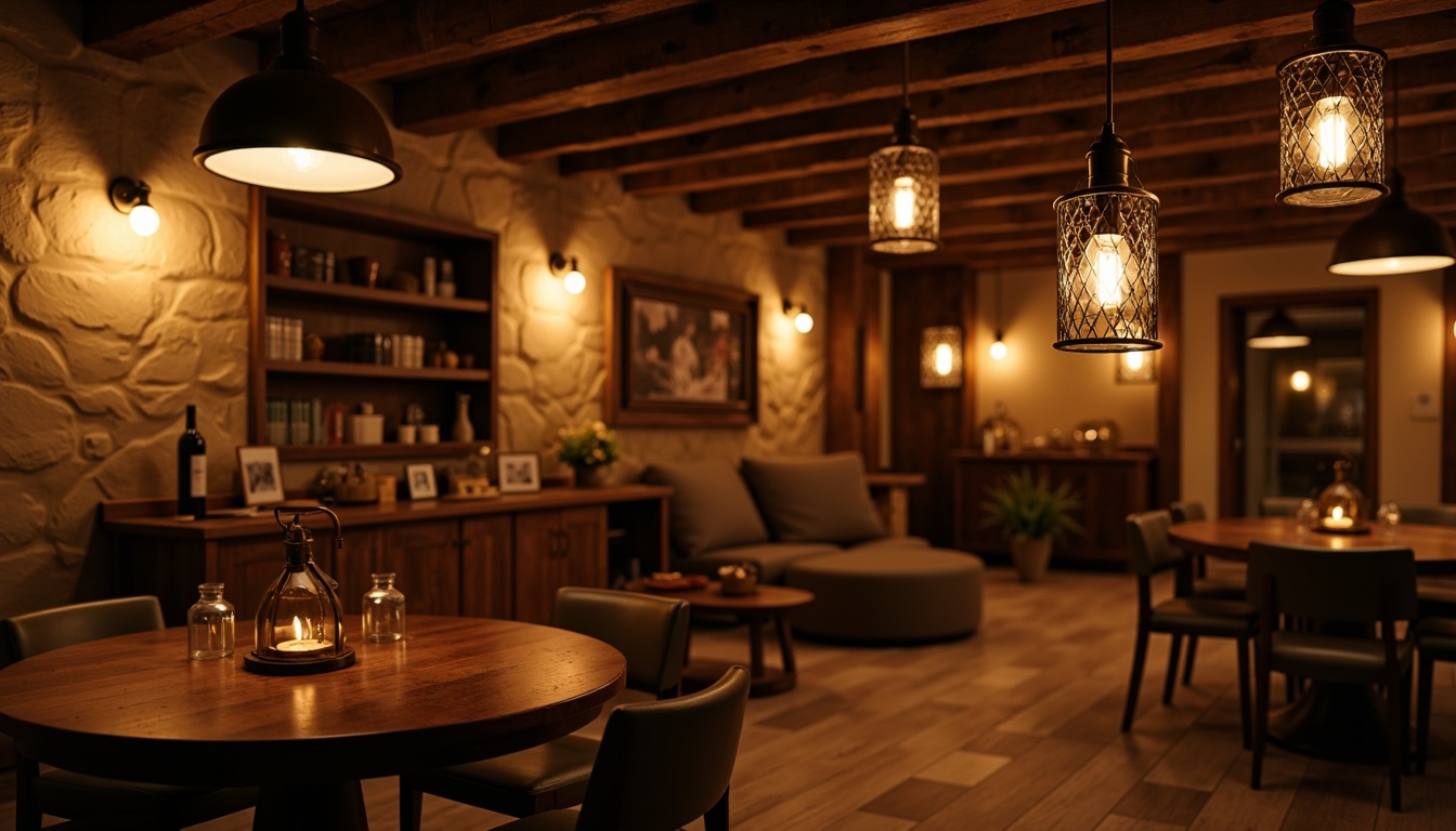 Prompt: Rustic basement ambiance, warm earthy tones, wooden beams, stone walls, cozy atmosphere, pendant lanterns, metal shades, industrial chic lighting, distressed wood fixtures, Edison bulbs, dimmable lighting, soft warm glow, atmospheric shadows, 1/2 composition, shallow depth of field, realistic textures, ambient occlusion.