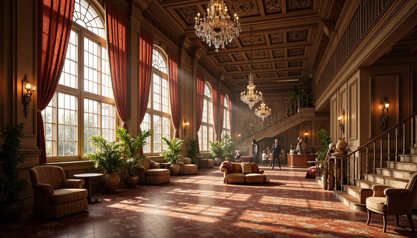 Prompt: Intricate chandeliers, ornate metalwork, crystal droplets, warm golden lighting, lavish candelabras, rich velvet drapes, opulent furnishings, grand staircases, intricate moldings, high ceilings, large windows, stained glass details, floral patterns, soft warm colors, 1/2 composition, realistic textures, ambient occlusion.