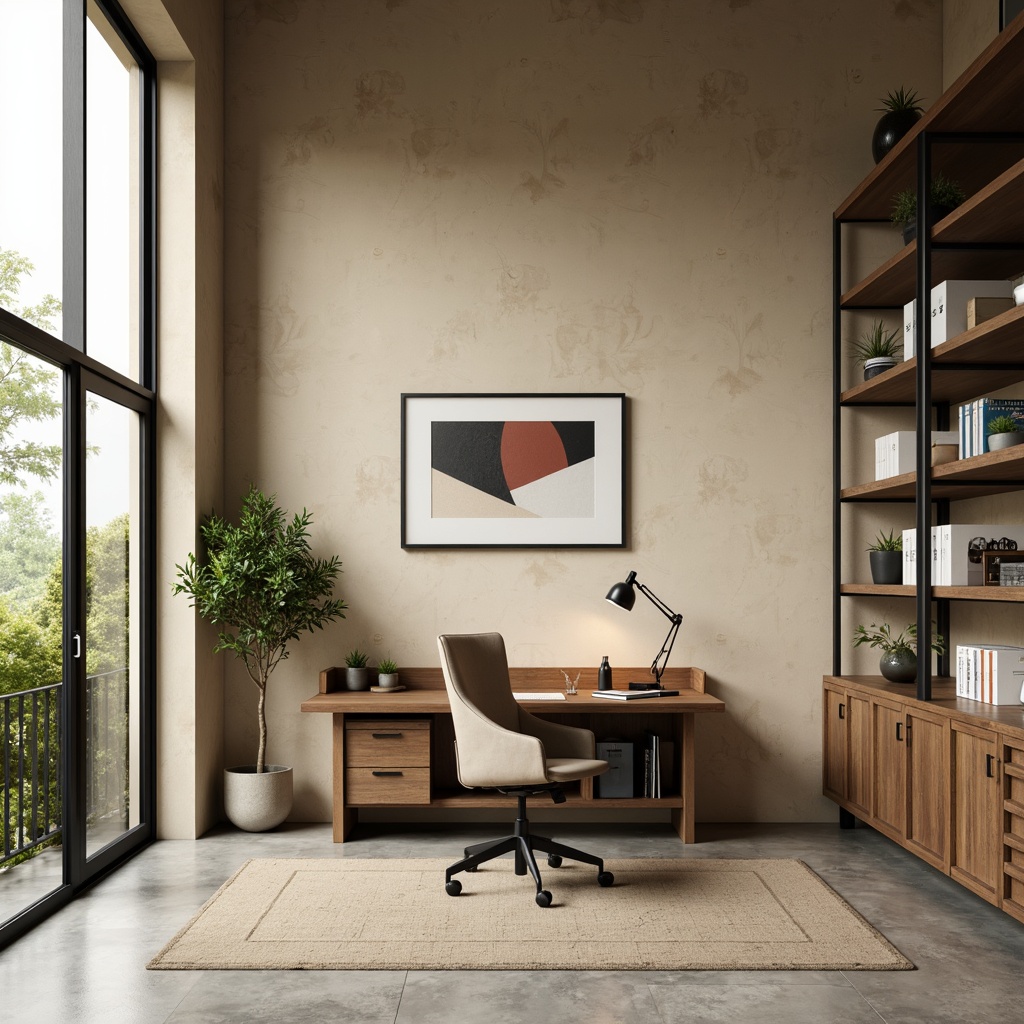 Prompt: Minimalist home office, sleek wooden desk, ergonomic chair, modern task lamp, greenery, floor-to-ceiling windows, natural light, warm beige walls, polished concrete floors, industrial metal shelves, minimalist decor, geometric patterns, abstract artwork, neutral color palette, calm atmosphere, shallow depth of field, 1/1 composition, realistic textures, ambient occlusion.