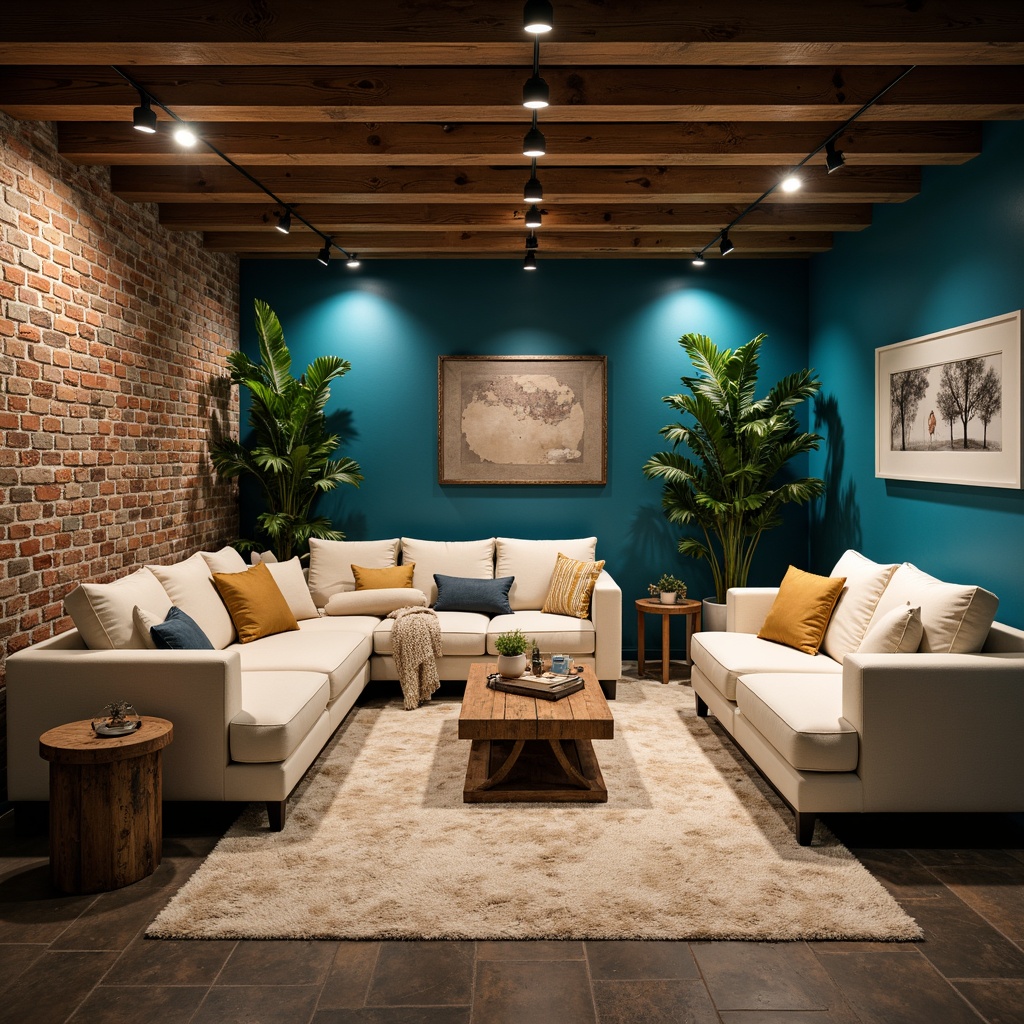 Prompt: Cozy basement, cerulean blue walls, warm wooden accents, soft cream-colored furniture, plush area rugs, modern industrial lighting, exposed brick details, natural stone flooring, comfortable sectional sofas, vibrant greenery, rustic metal decor, intimate ambiance, subtle warm glow, shallow depth of field, 1/2 composition, realistic textures, ambient occlusion.