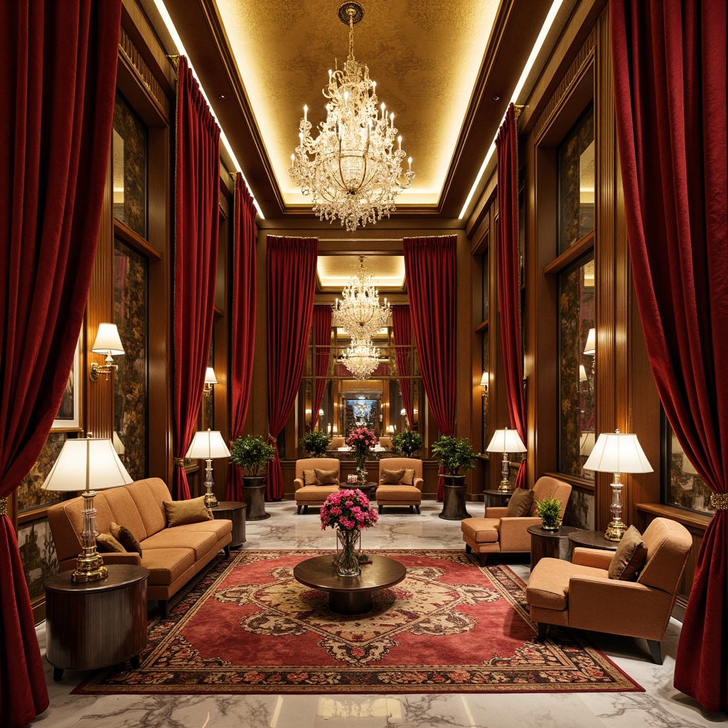 Prompt: Luxurious Art Deco interior, opulent fabrics, velvety softness, metallic accents, geometric patterns, ornate mirrors, lavish chandeliers, marble floors, intricate moldings, rich wood paneling, glamorous lighting fixtures, bold color schemes, eclectic vintage decor, sophisticated furniture designs, plush area rugs, sumptuous drapery, dramatic ceiling details, warm golden tones, high-contrast shading, detailed textures, realistic reflections, 1/1 composition, atmospheric perspective.