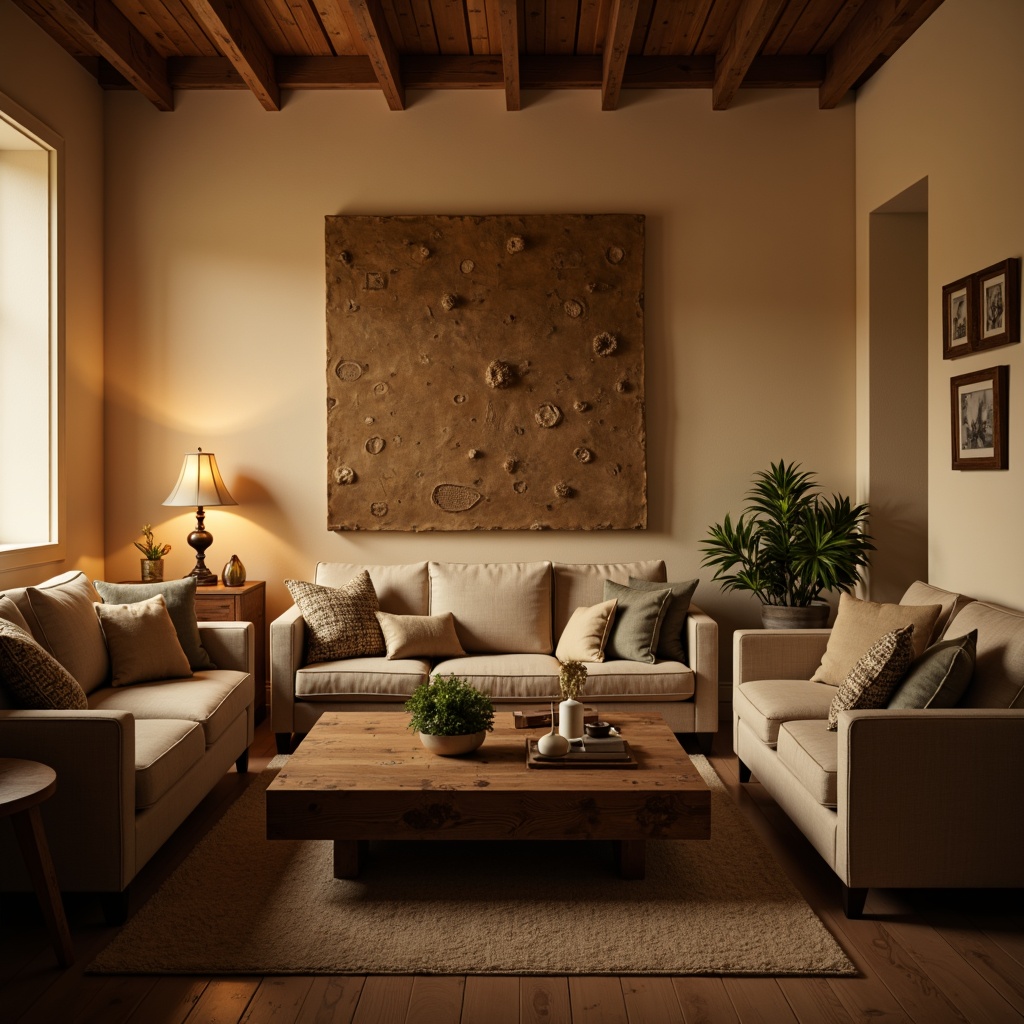 Prompt: Cozy living room, warm beige walls, comfortable sofas, rustic wooden coffee table, soft cushions, elegant floor lamps, table lamps, warm white lighting, gentle glow, intimate atmosphere, relaxing ambiance, calm mood, subtle shadows, 3/4 composition, shallow depth of field, realistic textures, ambient occlusion.