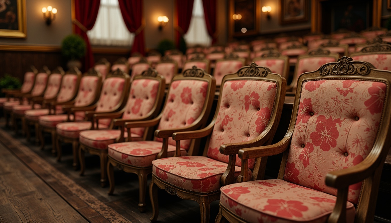 Prompt: Vintage auditorium, distressed wooden chairs, plush velvet upholstery, soft pastel colors, ornate golden frames, luxurious drapery, rich crimson red accents, intricate floral patterns, tufted button details, worn leather armrests, rustic metal legs, warm ambient lighting, cozy atmosphere, 1/1 composition, shallow depth of field, realistic textures, subtle camera movement.