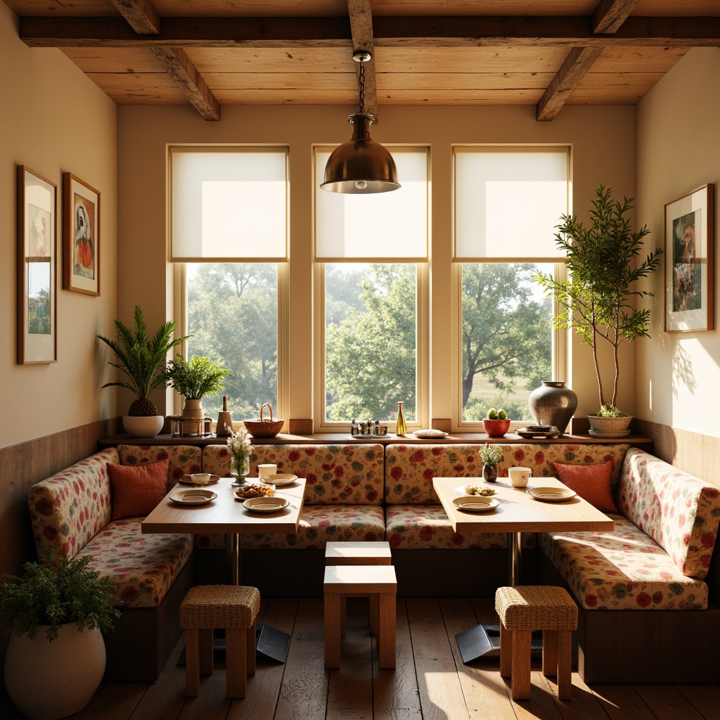 Prompt: Cozy breakfast nook, warm inviting atmosphere, soft morning light, elegant pendant lights, polished chrome fixtures, creamy white shades, rustic wooden tables, plush cushioned benches, vibrant colorful ceramics, natural woven baskets, farmhouse-style decor, warm beige walls, sunny window views, gentle warm lighting, 1/2 composition, shallow depth of field, realistic textures.