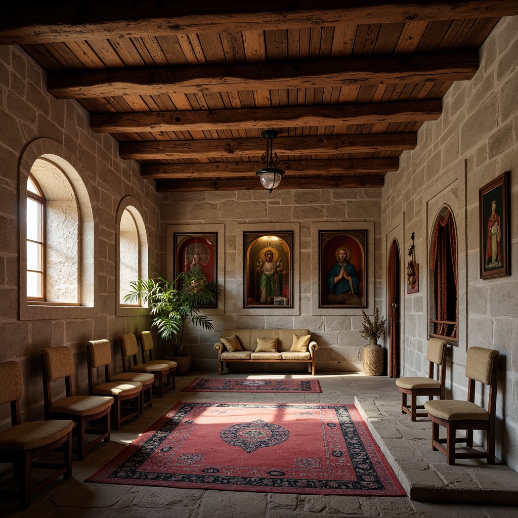 Prompt: Rustic monastery interior, stone walls, wooden accents, ornate carvings, intricate tapestries, woven prayer rugs, velvet drapes, embroidered fabrics, natural fibers, earthy tones, warm candlelight, soft shadows, 1/2 composition, intimate atmosphere, realistic textures, ambient occlusion, subtle color palette, hand-painted murals, wooden ceiling beams, arched windows, serene ambiance.