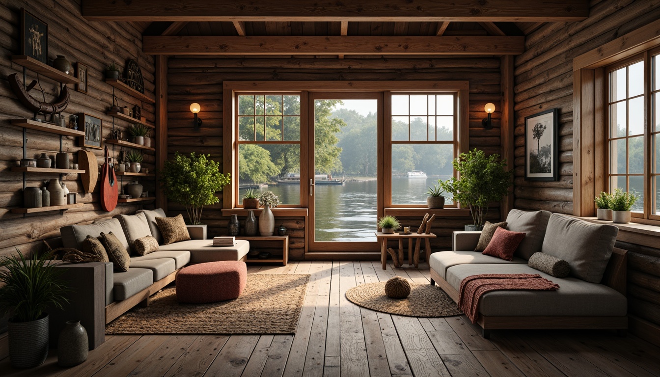 Prompt: Rustic boathouse, wooden docks, nautical ropes, vintage anchors, distressed wood textures, earthy color palette, natural stone walls, wooden accents, craftsman-style furniture, hand-carved decorations, warm lighting, cozy atmosphere, water reflections, misty morning, shallow depth of field, 1/2 composition, realistic wood grain, ambient occlusion.