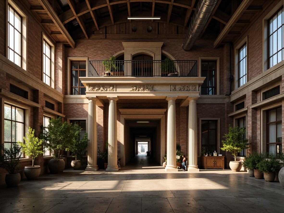 Prompt: Rustic factory building, Neoclassical architectural style, symmetrical fa\u00e7ade, grand entrance, ornate columns, carved stone details, classical pediments, metal framed windows, industrial heritage, distressed brick walls, exposed ductwork, high ceilings, vintage machinery, reclaimed wood accents, earthy color palette, warm natural lighting, soft focus, atmospheric rendering, cinematic composition, rich textures, subtle ambient occlusion.