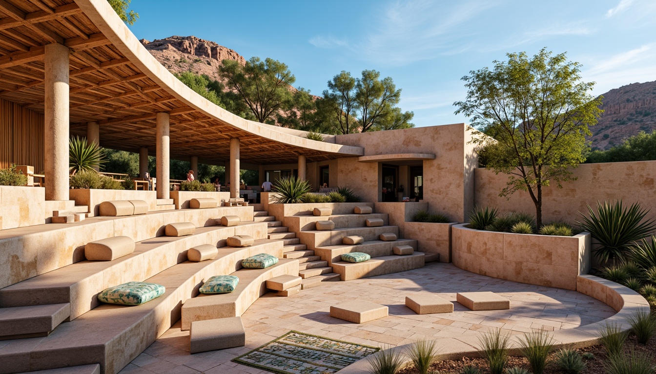 Prompt: Southwestern amphitheater, natural stone seating, curved architecture, warm sandy tones, rustic wooden accents, vibrant turquoise hues, geometric patterned textiles, desert flora surroundings, clear blue sky, sunny day, soft warm lighting, shallow depth of field, 3/4 composition, panoramic view, realistic textures, ambient occlusion, optimized sound reflections, resonant frequency design, acoustic paneling, speech enhancement systems, comfortable audience seating, intimate performance settings.