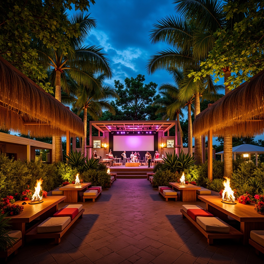 Prompt: Vibrant tropical music venue, lush greenery, palm trees, colorful tiki torches, woven bamboo seating, plush cushions, natural wood accents, exotic flower arrangements, rattan furniture, intimate stage setting, soft warm lighting, shallow depth of field, 3/4 composition, panoramic view, realistic textures, ambient occlusion, vibrant color palette, eclectic decorative elements, lively atmosphere, energetic crowd, dynamic lighting effects.