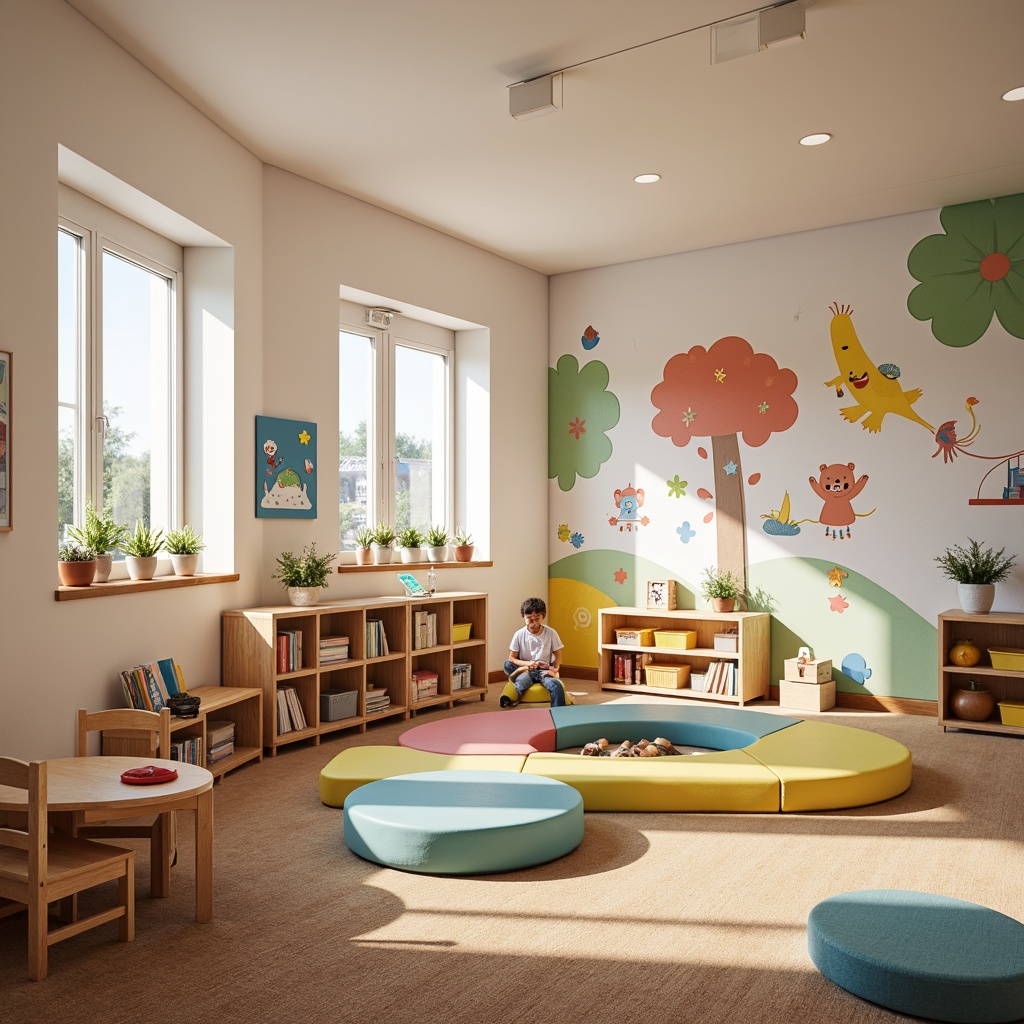 Prompt: Vibrant kindergarten interior, playful furniture designs, soft pastel colors, rounded edges, whimsical illustrations, educational wall decals, cozy reading nooks, plush carpeting, natural wood accents, ergonomic seating, colorful storage bins, interactive play stations, sensory integration zones, flexible learning spaces, collaborative worktables, cheerful lighting fixtures, soft warm ambiance, shallow depth of field, 1/1 composition, realistic textures, ambient occlusion.