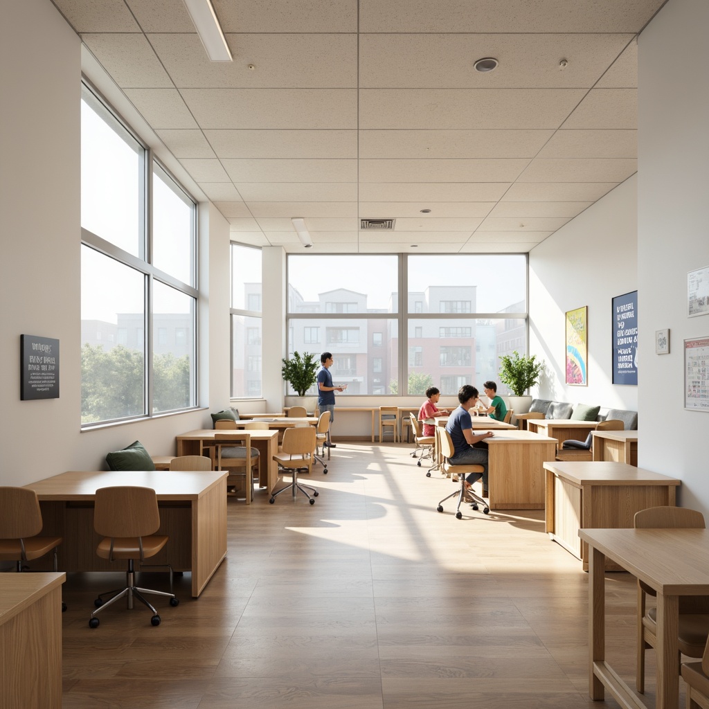 Prompt: Minimalist school interior, functional furniture, simple shapes, natural wood tones, clean lines, monochromatic color scheme, ergonomic chairs, adjustable desks, collaborative workspaces, educational graphics, motivational quotes, plenty of natural light, soft diffused lighting, shallow depth of field, 1/2 composition, subtle textures, ambient occlusion.