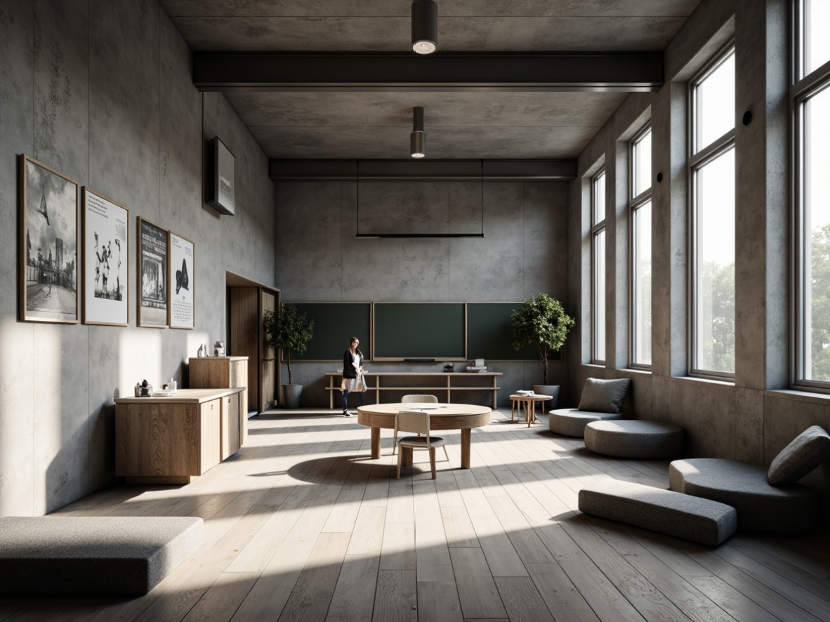 Prompt: Monochromatic school interior, minimalistic decor, textured concrete walls, smooth wooden floors, industrial metal beams, simple furniture, natural light pouring, soft warm ambiance, subtle shadows, 1/1 composition, realistic materials, ambient occlusion, educational posters, modern lighting fixtures, sleek blackboards, comfortable cushions, calming color palette, serene atmosphere.