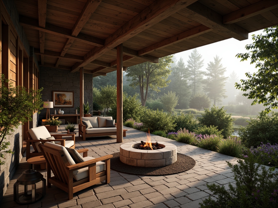 Prompt: Rustic cabin, wooden accents, natural stone walls, earthy color palette, exposed beams, wooden furniture, cozy fire pit, lantern lighting, lush greenery, wildflowers, forest surroundings, misty morning, warm soft light, shallow depth of field, 3/4 composition, panoramic view, realistic textures, ambient occlusion.