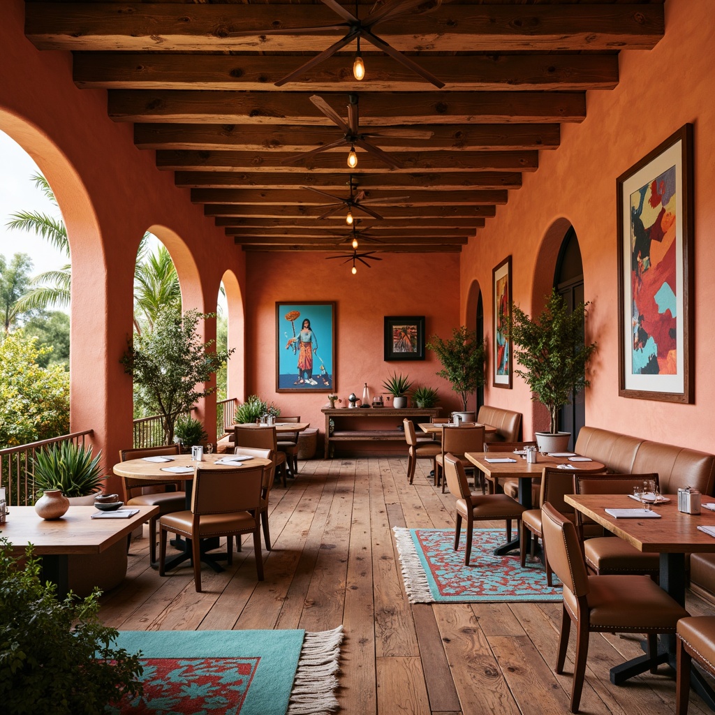 Prompt: Vibrant Southwestern dining room, earthy terracotta walls, rustic wooden furniture, bold turquoise accents, warm golden lighting, woven textiles, natural fiber rugs, distressed wood flooring, ceramic pottery decor, desert-inspired botanicals, sandy beige undertones, pops of coral red, soft sage greenery, abstract geometric patterns, rich leather upholstery, authentic Native American influences, cozy intimate ambiance, dramatic ceiling treatment, warm neutral background, eclectic global accents.