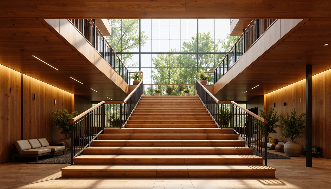 Prompt: Mid-century modern staircase, warm wood tones, minimalist railing, sleek metal balusters, open risers, floating steps, natural light pouring in, large windows, clerestory windows, soft warm glow, ambient lighting, LED strip lights, recessed lighting, wall sconces, pendant lamps, geometric patterns, 3/4 composition, shallow depth of field, panoramic view, realistic textures, ambient occlusion.