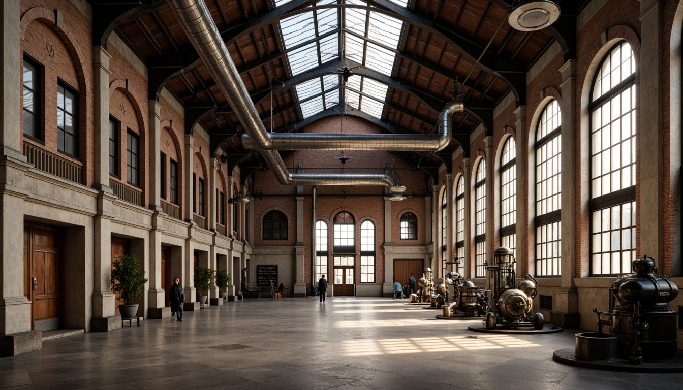 Prompt: Industrial factory building, neoclassical architecture, ornate details, Corinthian columns, arched windows, rusticated stone walls, metal roof trusses, exposed ductwork, reclaimed wood accents, vintage industrial machinery, distressed brick textures, warm ambient lighting, subtle color grading, 1/2 composition, cinematic framing, realistic reflections, detailed normal maps.