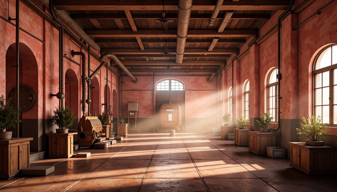 Prompt: Warm coral hues, soft pastel shades, ornate metalwork, distressed stone walls, reclaimed wood accents, vintage machinery, industrial pipes, factory windows, neoclassical arches, elegant columns, intricate moldings, subtle golden lighting, atmospheric fog, cinematic shallow focus, 1/1 composition, realistic textures, ambient occlusion.