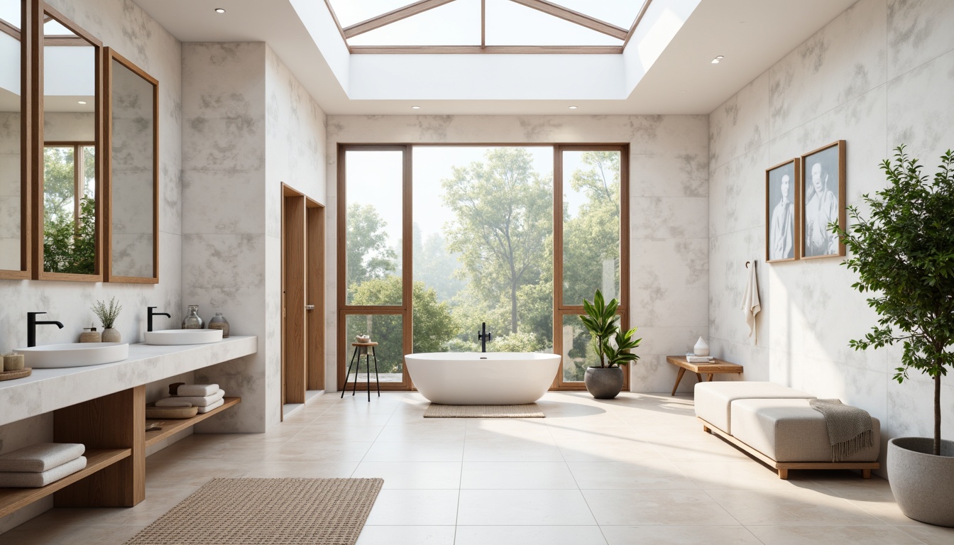 Prompt: Calm bathroom oasis, white marble countertops, light wood flooring, minimalist decor, Scandinavian-inspired aesthetic, freestanding tubs, wall-mounted sinks, sleek faucets, geometric tile patterns, natural stone accents, soft pastel hues, warm LED lighting, large skylights, airy openness, clutter-free spaces, greenery accents, potted plants, wooden shower benches, rainfall showerheads, matte black fixtures, Nordic-inspired textiles, subtle texture contrasts.