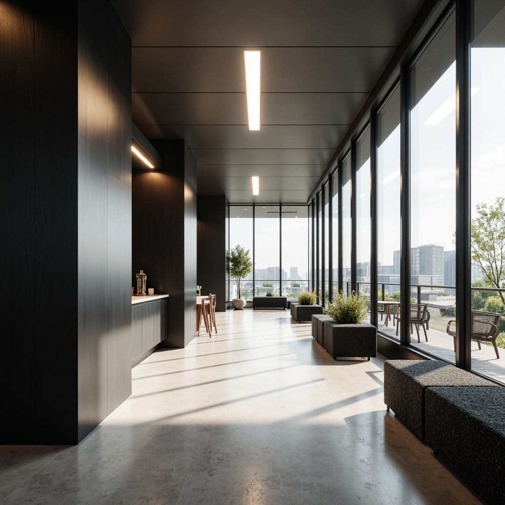 Prompt: Sleek modern interior, minimalist decor, polished chrome fixtures, linear LED lighting, recessed ceiling lights, floor-to-ceiling windows, natural daylight, subtle shadows, low-profile furniture, matte black finishes, warm white tones, soft indirect illumination, 1/1 composition, shallow depth of field, realistic reflections.