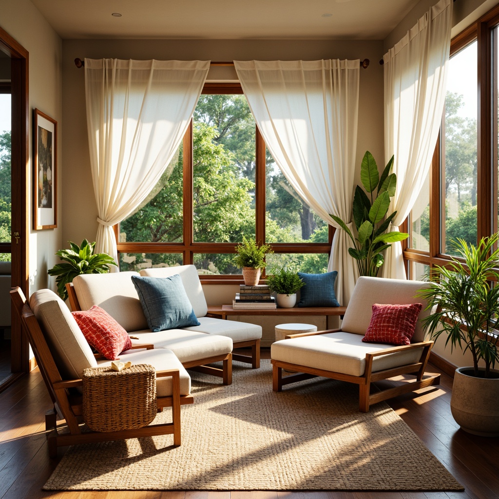 Prompt: \Cozy sunroom, natural light pouring in, warm earthy tones, soft creamy whites, calming blues, vibrant coral accents, lush greenery, wooden furniture, woven textiles, rattan chairs, plush throw pillows, sheer curtains, sliding glass doors, tropical plants, warm afternoon sunlight, shallow depth of field, 1/1 composition, realistic textures, ambient occlusion.\