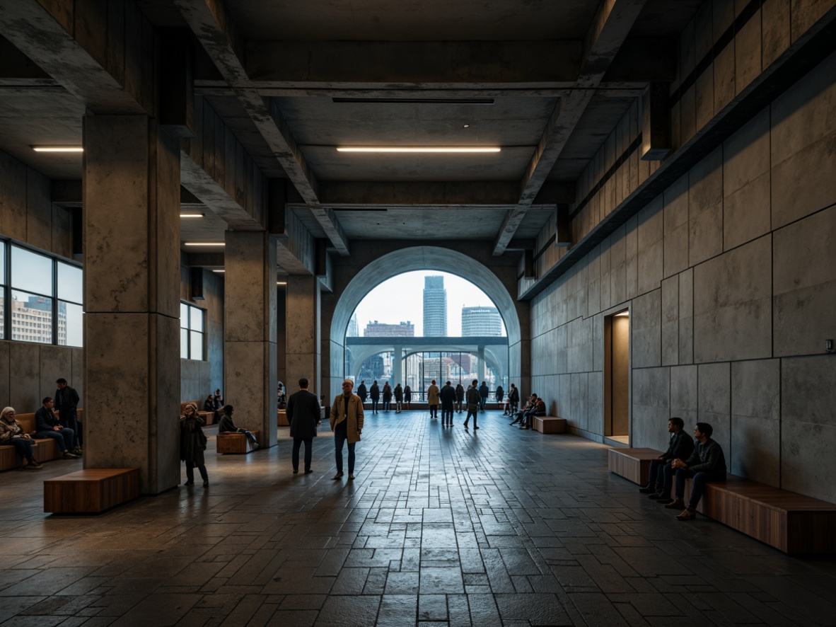 Prompt: Raw concrete walls, exposed ductwork, industrial-style lighting fixtures, harsh overhead lighting, dimly lit tunnels, atmospheric shadows, rugged stone flooring, brutalist architectural style, functional design, urban metropolitan atmosphere, busy commuter crowds, modern cityscape, dramatic arches, vaulted ceilings, grand entranceways, imposing columns, minimalist seating areas, cold tone color palette, high-contrast lighting, cinematic mood, 1/2 composition, low-angle shot, realistic textures, ambient occlusion.