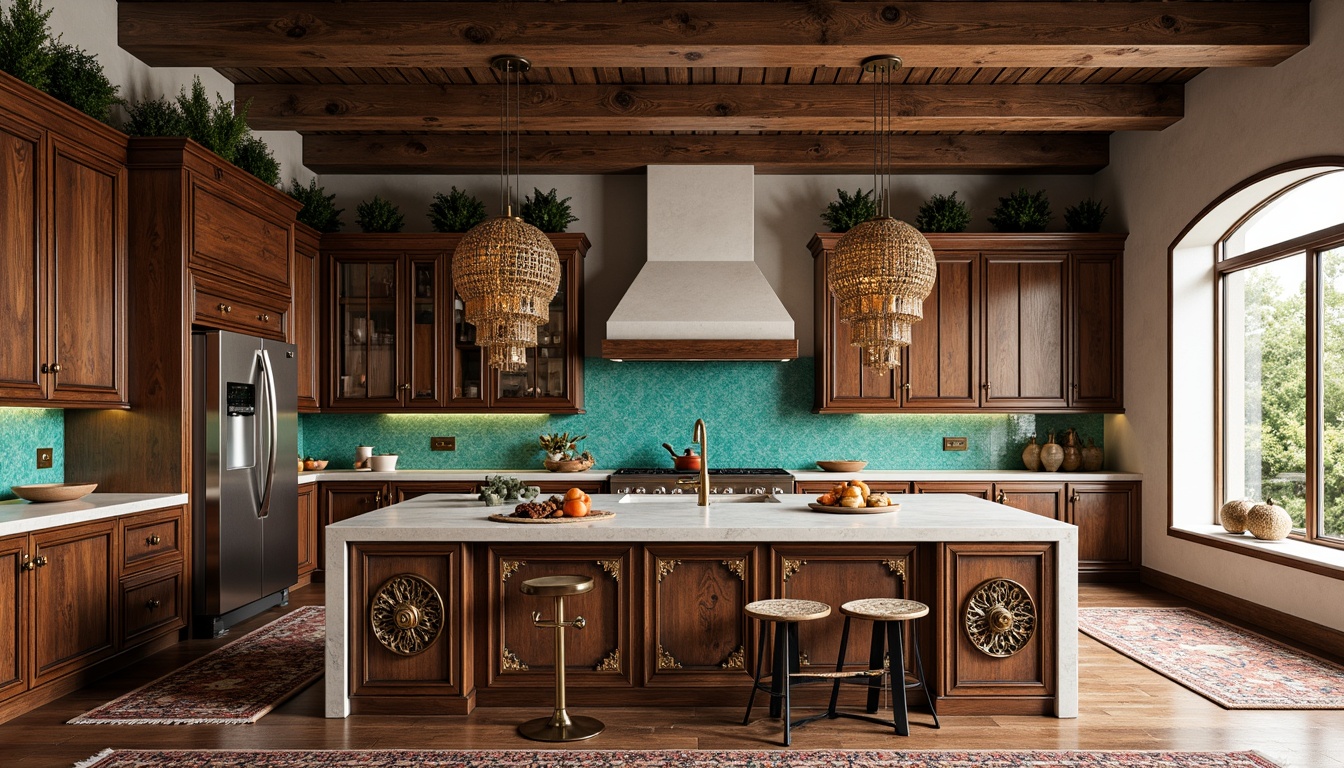 Prompt: Elegant kitchen island, ornate cabinetry, intricately carved wooden details, Moroccan-inspired tile backsplash, vibrant turquoise accents, golden hardware fixtures, luxurious quartz countertops, soft warm lighting, shallow depth of field, 1/1 composition, realistic textures, ambient occlusion, rustic wooden beams, decorative pendant lamps, richly textured rugs, eclectic mix of patterns and materials, modern appliances with ornate details.