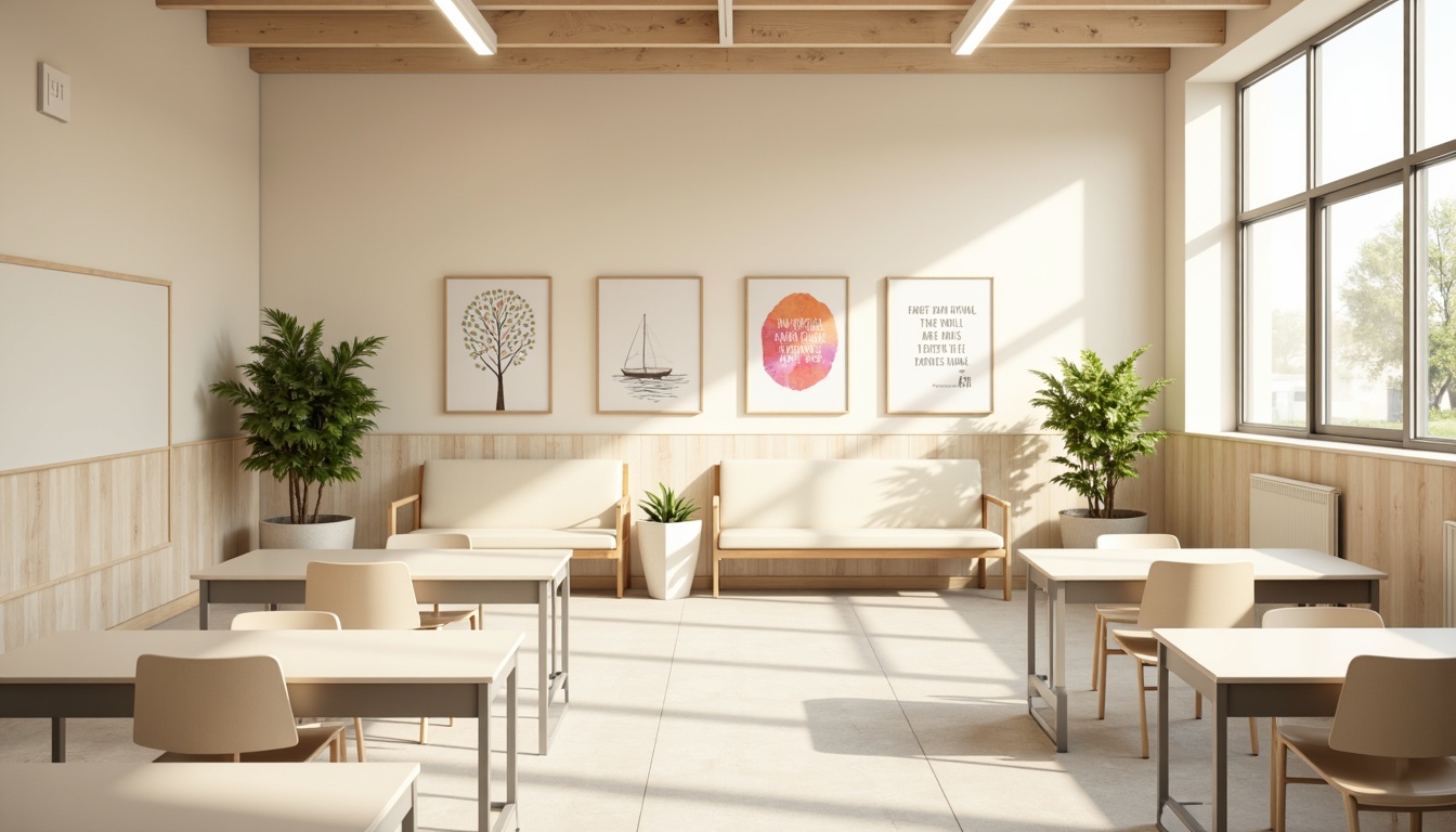 Prompt: Minimalist school interior, calm color palette, soft beige walls, pale wood accents, clean white desks, simple metal chairs, subtle greenery, natural light pouring in, large windows, minimalist decor, motivational quotes, educational posters, simple shapes, gentle curves, soft pastel colors, warm neutral tones, inviting atmosphere, shallow depth of field, 1/1 composition, realistic textures, ambient occlusion.