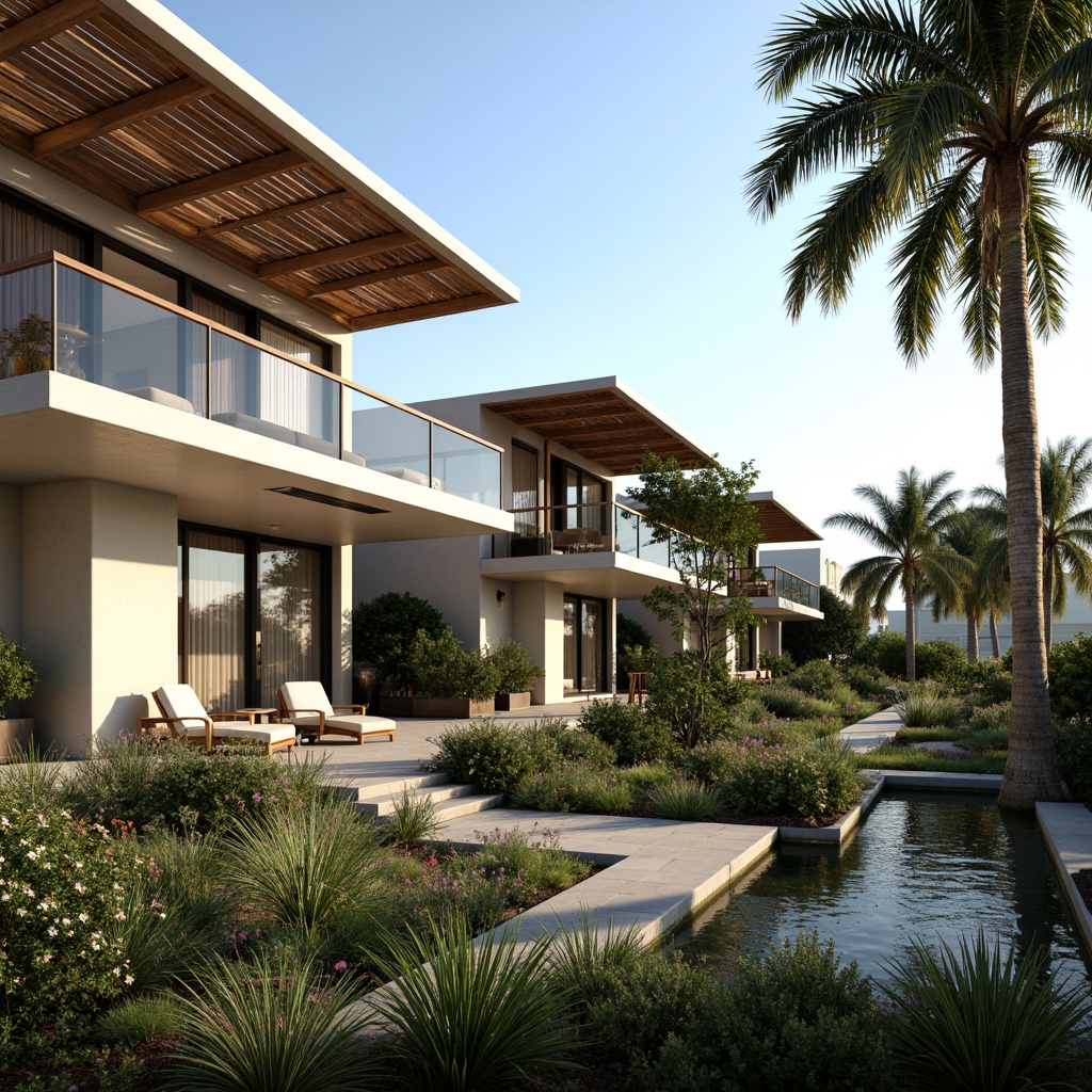 Prompt: Tropical modern buildings, large overhanging roofs, wooden accents, natural stone walls, floor-to-ceiling windows, sliding glass doors, open-plan living spaces, minimal shading devices, clerestory windows, skylights, reflective white ceilings, light-colored interior finishes, lush greenery, palm trees, vibrant flowers, sunny day, soft warm lighting, shallow depth of field, 3/4 composition, panoramic view, realistic textures, ambient occlusion.