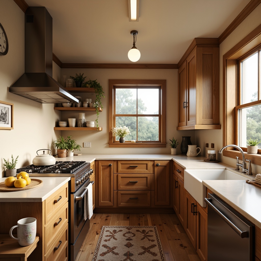 Prompt: Cozy kitchen, warm beige walls, rich wood cabinetry, soft cream countertops, stainless steel appliances, bright white lighting, modern farmhouse sink, rustic wooden flooring, vintage-inspired decorative accessories, earthy tone color scheme, warm ambient lighting, 1/1 composition, realistic textures, subtle shadows.