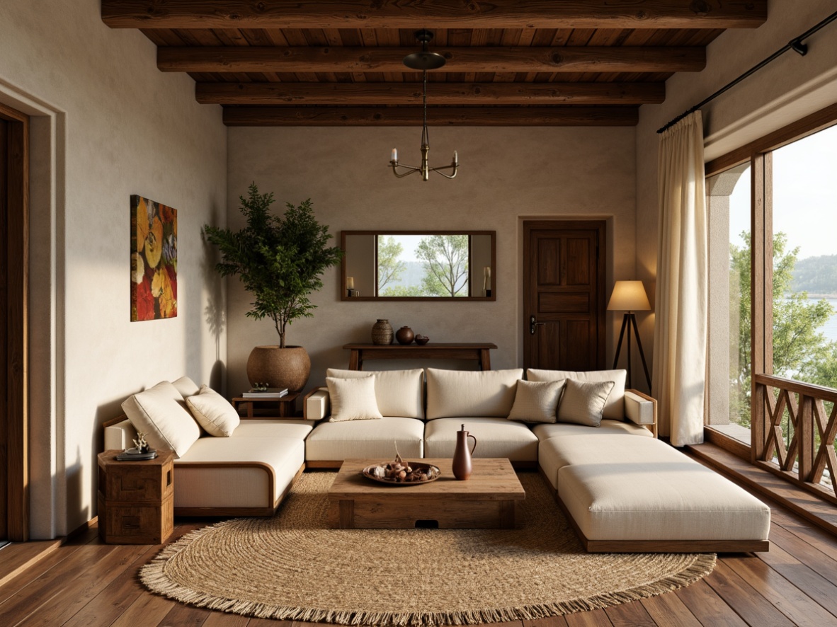 Prompt: Earthy tone, natural materials, wooden accents, rattan furniture, woven textiles, jute rugs, clay pottery, vintage decor, distressed wood, warm beige walls, soft sage greenery, earthy brown floors, cozy ambient lighting, rustic metal fixtures, organic shapes, natural fiber upholstery, woven baskets, traditional craftsmanship, cultural heritage influences.