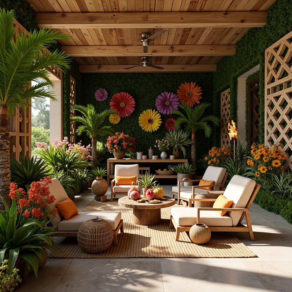 Prompt: Vibrant floral arrangements, exotic palm trees, rattan furniture, woven bamboo decor, colorful tiki torches, lush greenery walls, natural wood accents, wicker lanterns, tropical leaf patterns, bold bright colors, warm sunny lighting, shallow depth of field, 3/4 composition, panoramic view, realistic textures, ambient occlusion.