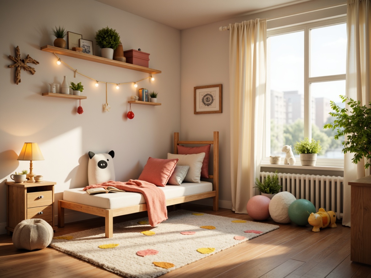 Prompt: Whimsical kids' bedroom, soft pastel colors, cozy reading nook, warm desk lamp, string lights, colorful rug, toy storage shelves, playful wall decals, gentle ambient lighting, natural wood furniture, creamy white curtains, sunny afternoon, shallow depth of field, 1/1 composition, warm softbox lighting, realistic textures, subtle shadows.