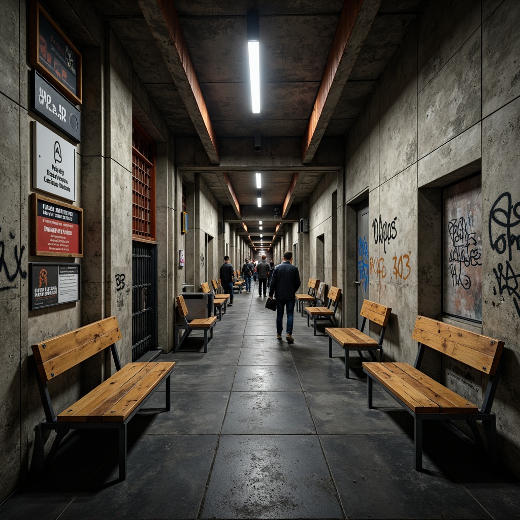 Prompt: Rugged metro station interior, brutalist architecture, exposed concrete walls, industrial steel beams, raw metal benches, urban graffiti, distressed leather seats, reclaimed wood accents, minimalist lighting fixtures, matte black flooring, functional signage, urban atmosphere, busy pedestrian traffic, dramatic overhead lighting, high contrast ratios, 1/2 composition, moody ambient occlusion.