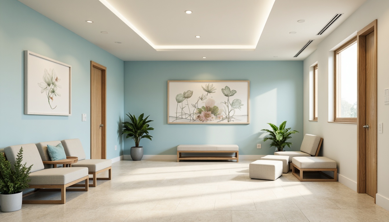 Prompt: Calming healthcare facility, soothing color scheme, pale blue walls, creamy white accents, warm beige floors, natural wood furniture, gentle greenery, soft indirect lighting, comfortable seating areas, serene waiting rooms, peaceful patient rooms, calming art pieces, minimalist decor, clean lines, simple shapes, tranquil ambiance, soft pastel hues, muted earth tones, subtle texture contrasts, 1/2 composition, shallow depth of field, realistic renderings.